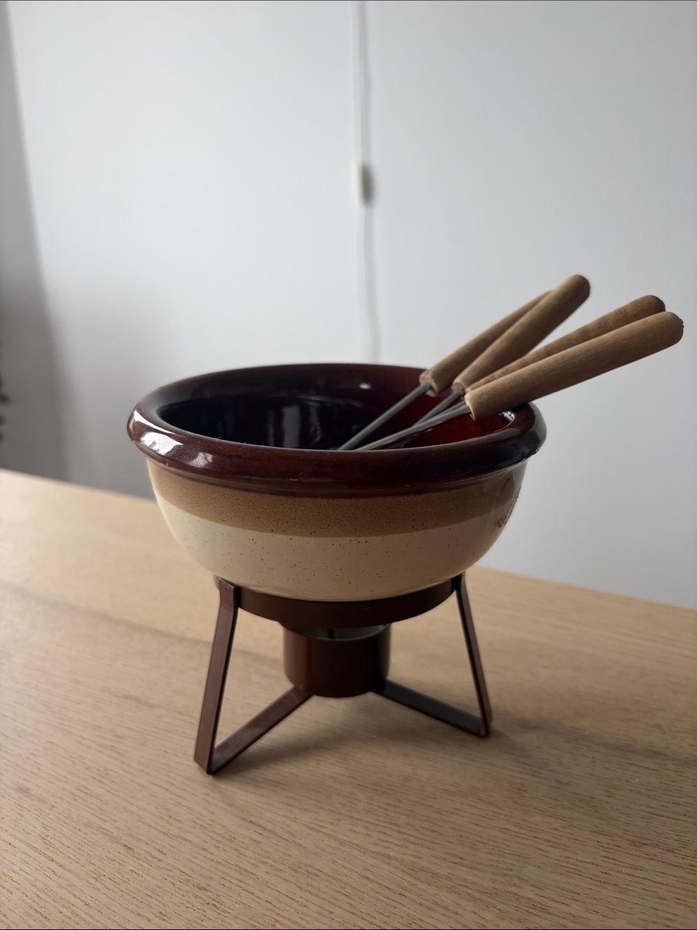 Ceramic Fondue Set Vintage Brown and Cream